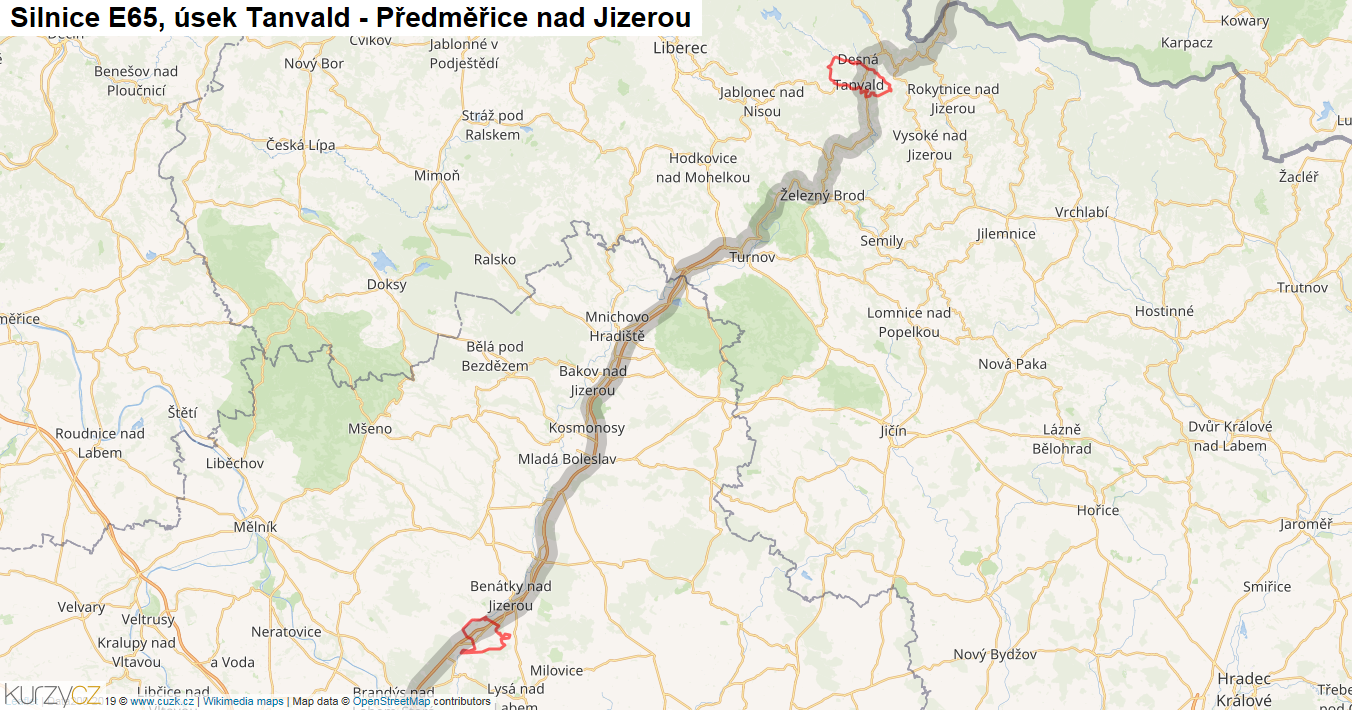 Úsek Tanvald - Předměřice nad Jizerou, Silnice E65 - Mapa