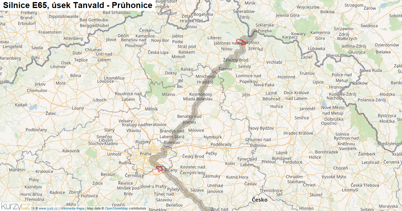 Úsek Tanvald - Průhonice, Silnice E65 - Mapa