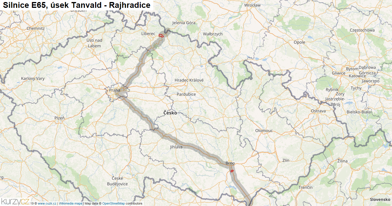 Úsek Tanvald - Rajhradice, Silnice E65 - Mapa