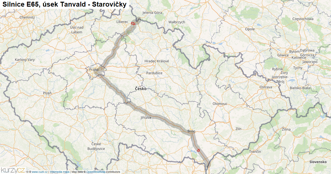 Úsek Tanvald - Starovičky, Silnice E65 - Mapa