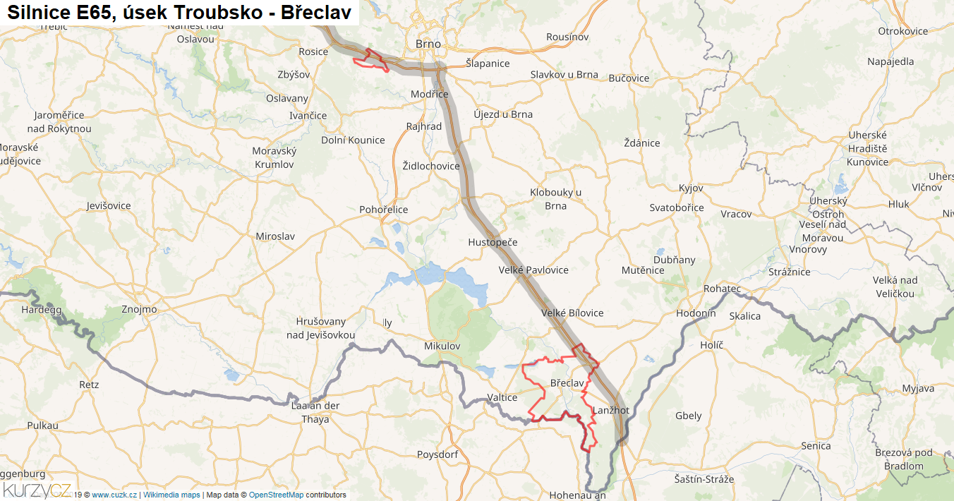 Úsek Troubsko - Břeclav, Silnice E65 - Mapa