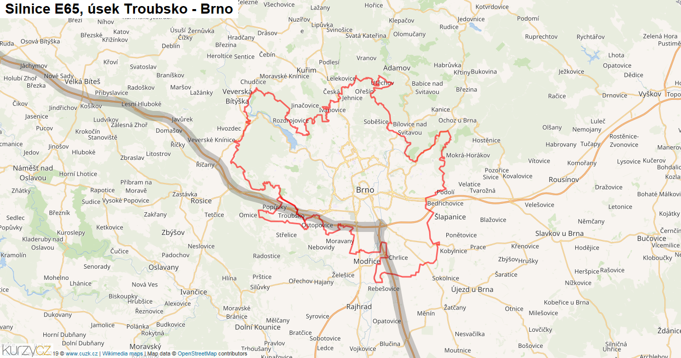 Úsek Troubsko - Brno, Silnice E65 - Mapa