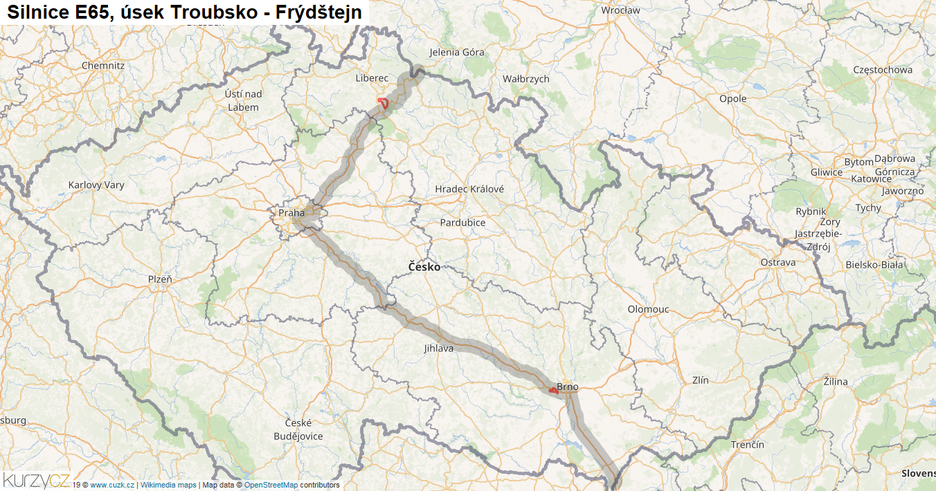 Úsek Troubsko - Frýdštejn, Silnice E65 - Mapa