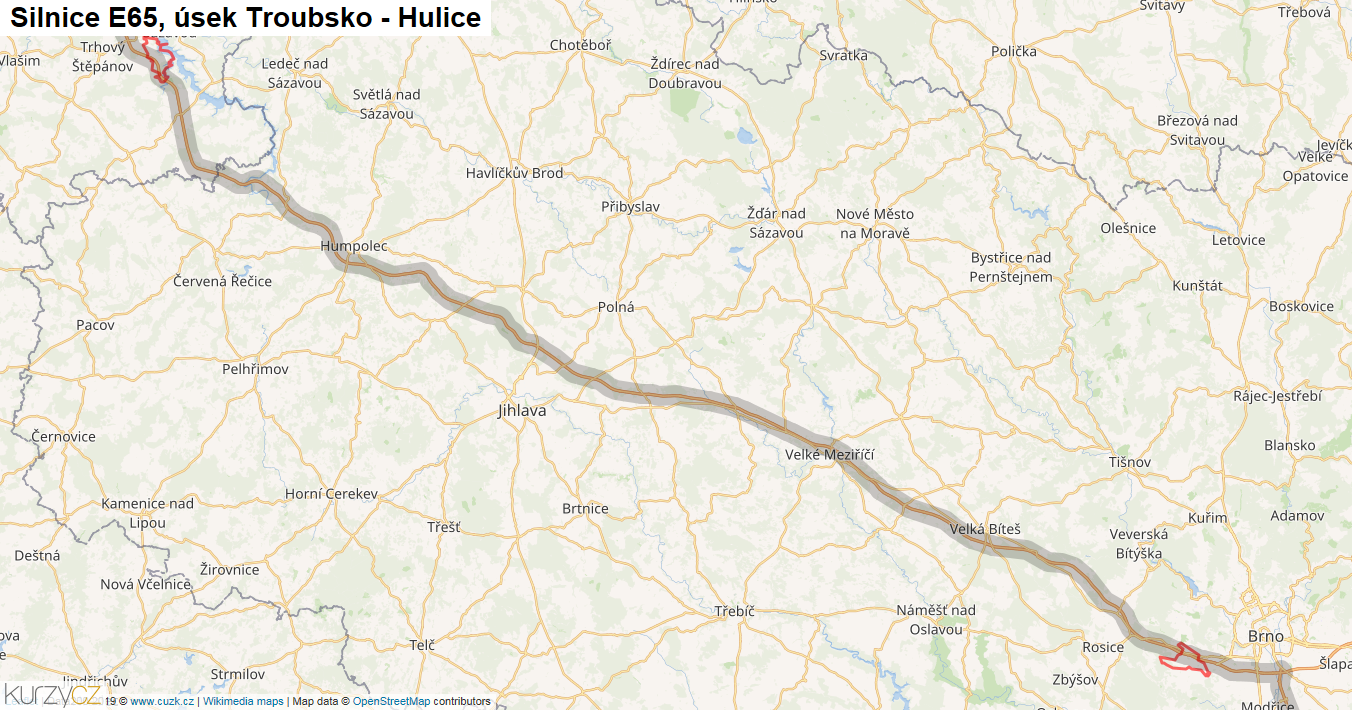 Úsek Troubsko - Hulice, Silnice E65 - Mapa