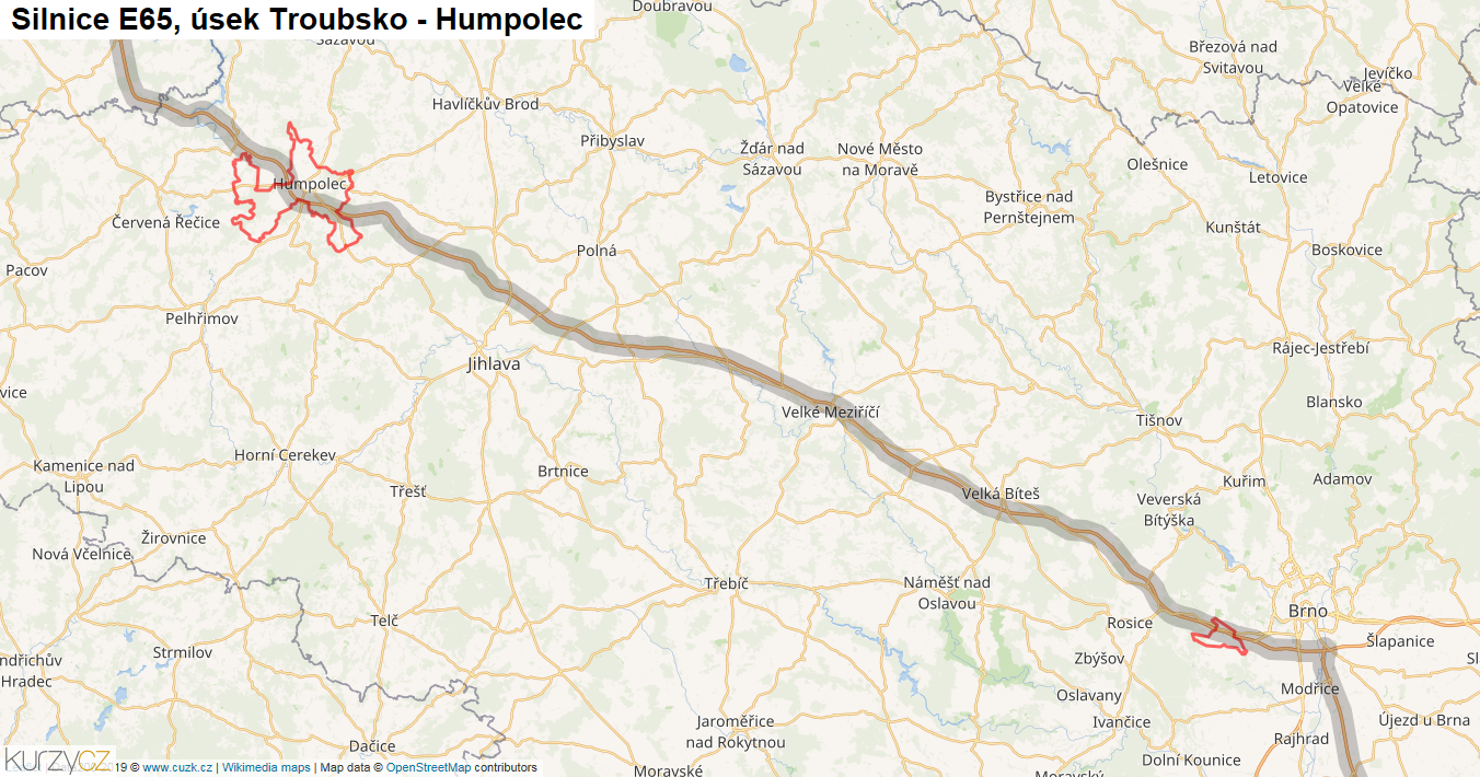 Úsek Troubsko - Humpolec, Silnice E65 - Mapa