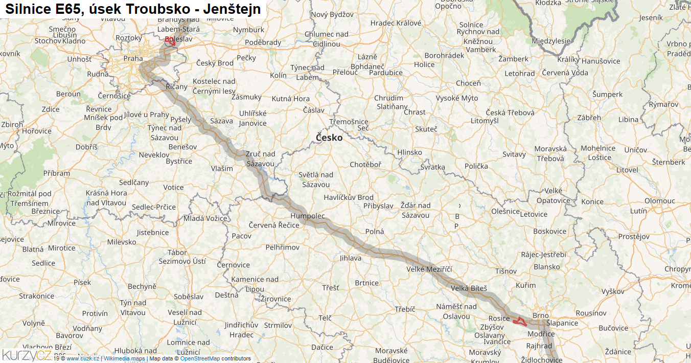 Úsek Troubsko - Jenštejn, Silnice E65 - Mapa