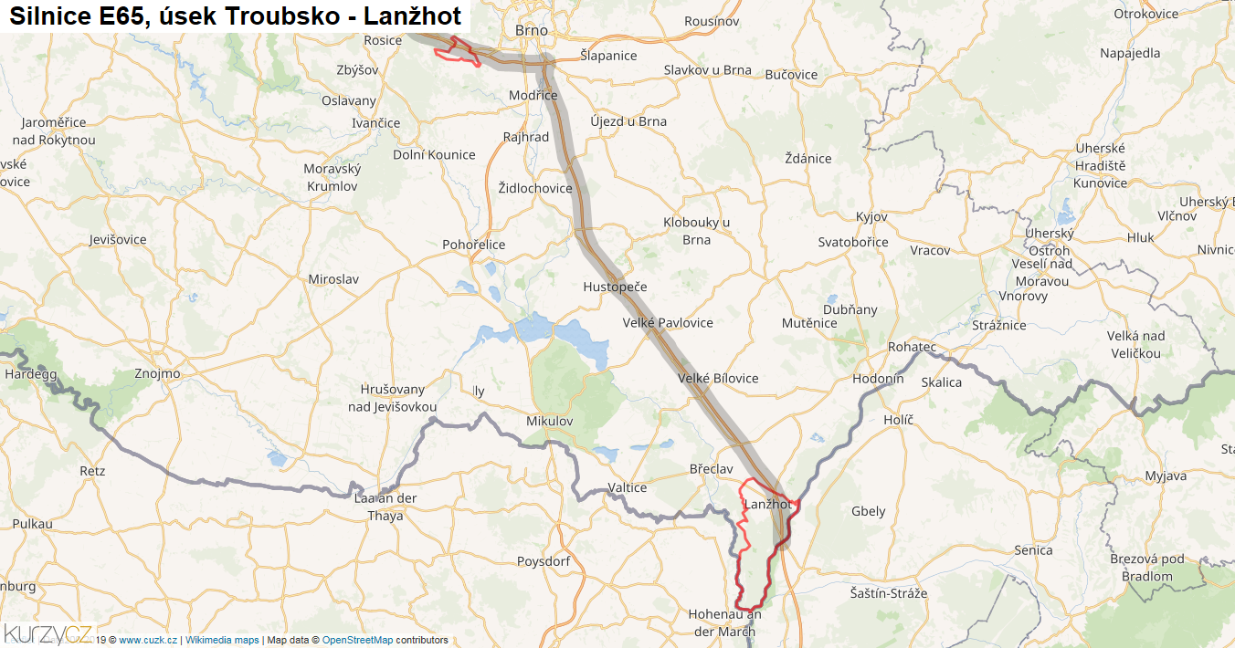 Úsek Troubsko - Lanžhot, Silnice E65 - Mapa
