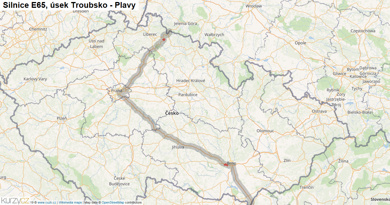 Úsek Troubsko - Plavy, Silnice E65 - Mapa