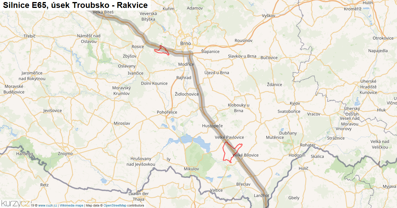 Úsek Troubsko - Rakvice, Silnice E65 - Mapa