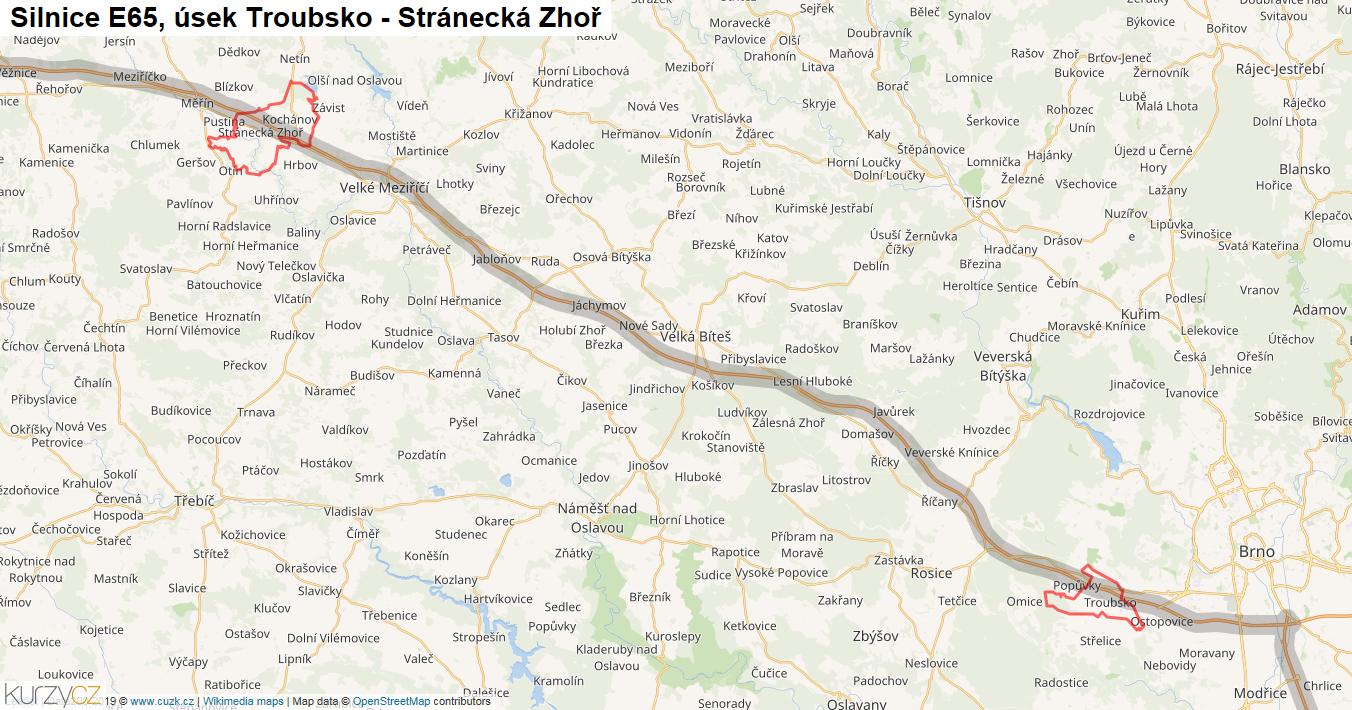 Úsek Troubsko - Stránecká Zhoř, Silnice E65 - Mapa