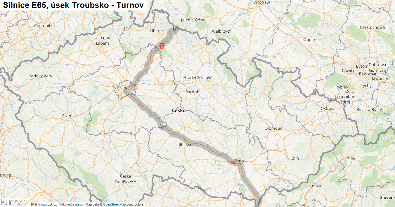 Úsek Troubsko - Turnov, Silnice E65 - Mapa