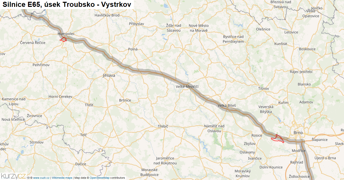 Úsek Troubsko - Vystrkov, Silnice E65 - Mapa