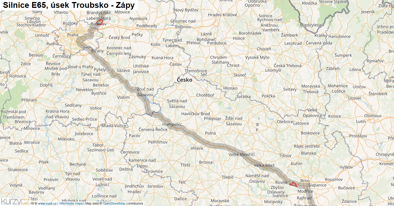Úsek Troubsko - Zápy, Silnice E65 - Mapa