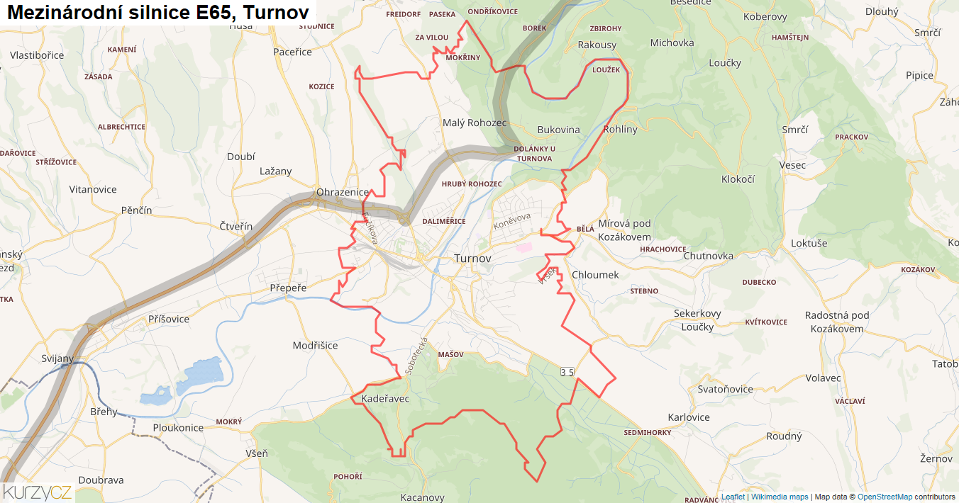 Turnov, Silnice E65 - Mapa