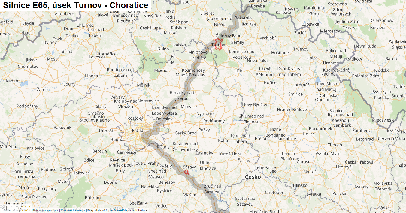 Úsek Turnov - Choratice, Silnice E65 - Mapa