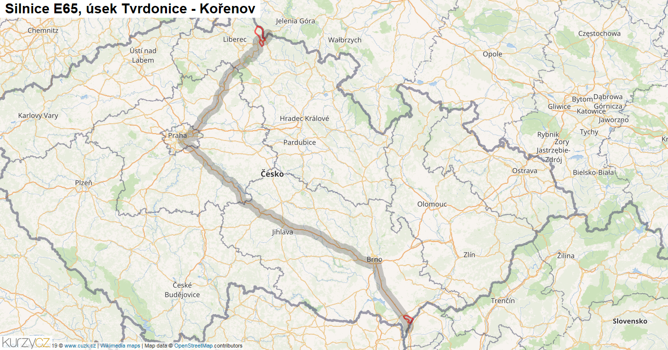Úsek Tvrdonice - Kořenov, Silnice E65 - Mapa