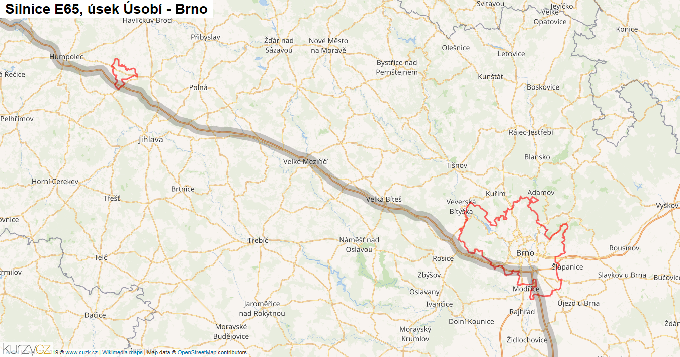 Úsek Úsobí - Brno, Silnice E65 - Mapa