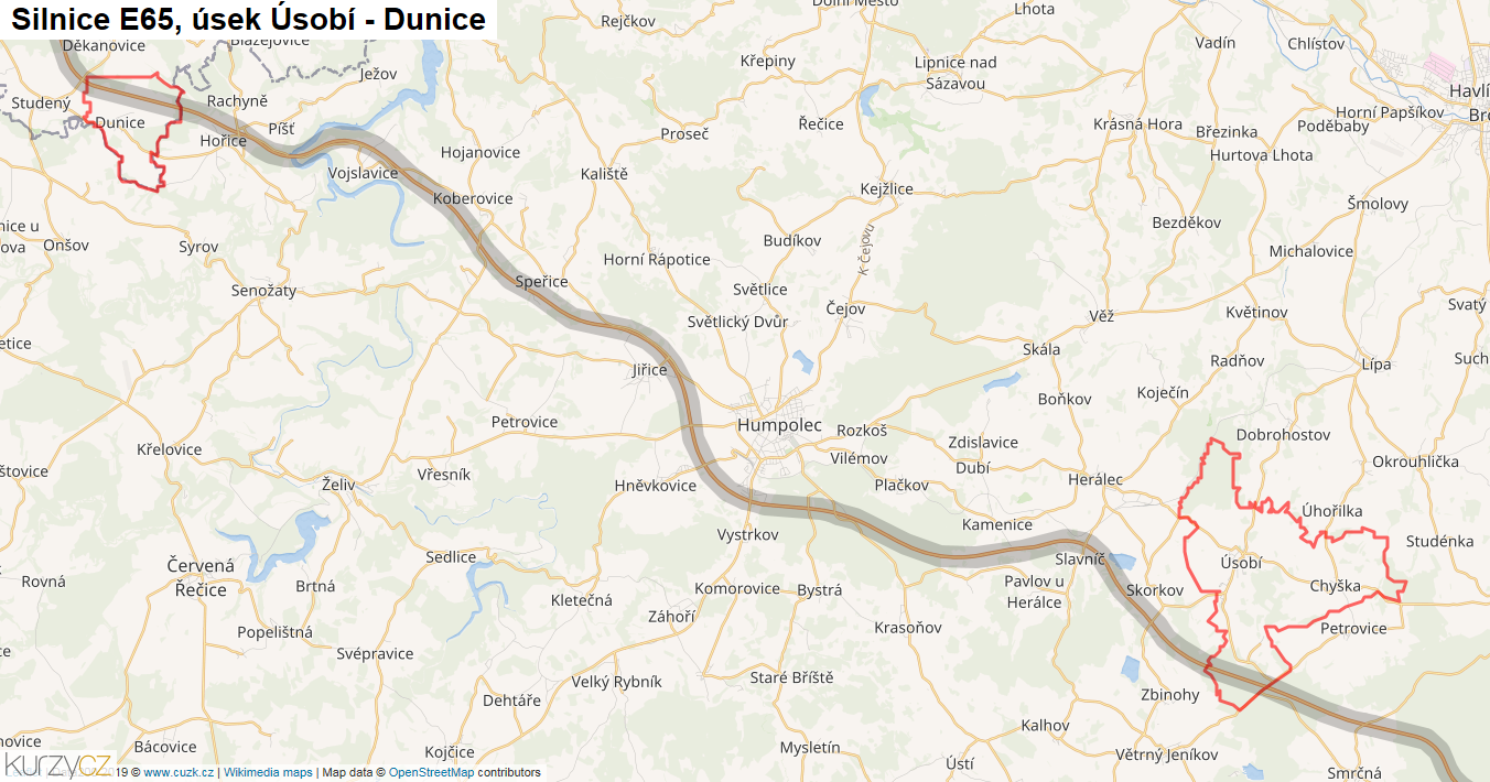 Úsek Úsobí - Dunice, Silnice E65 - Mapa