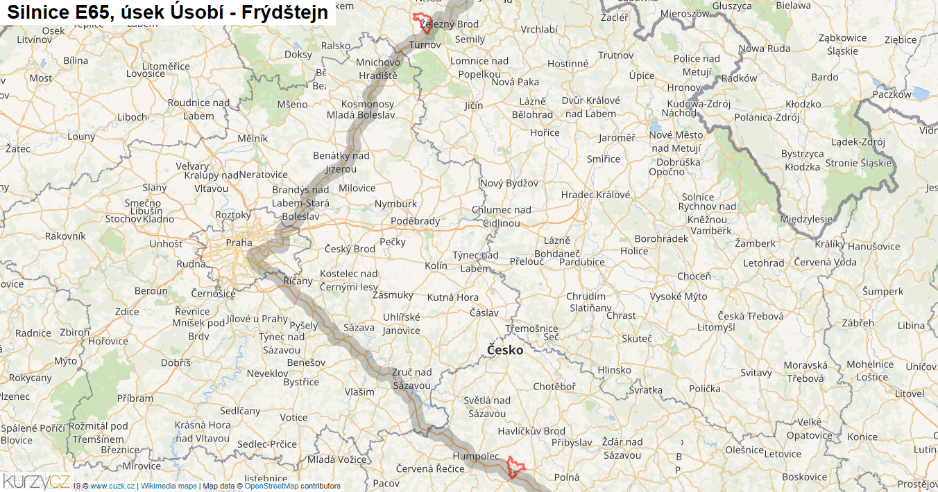 Úsek Úsobí - Frýdštejn, Silnice E65 - Mapa