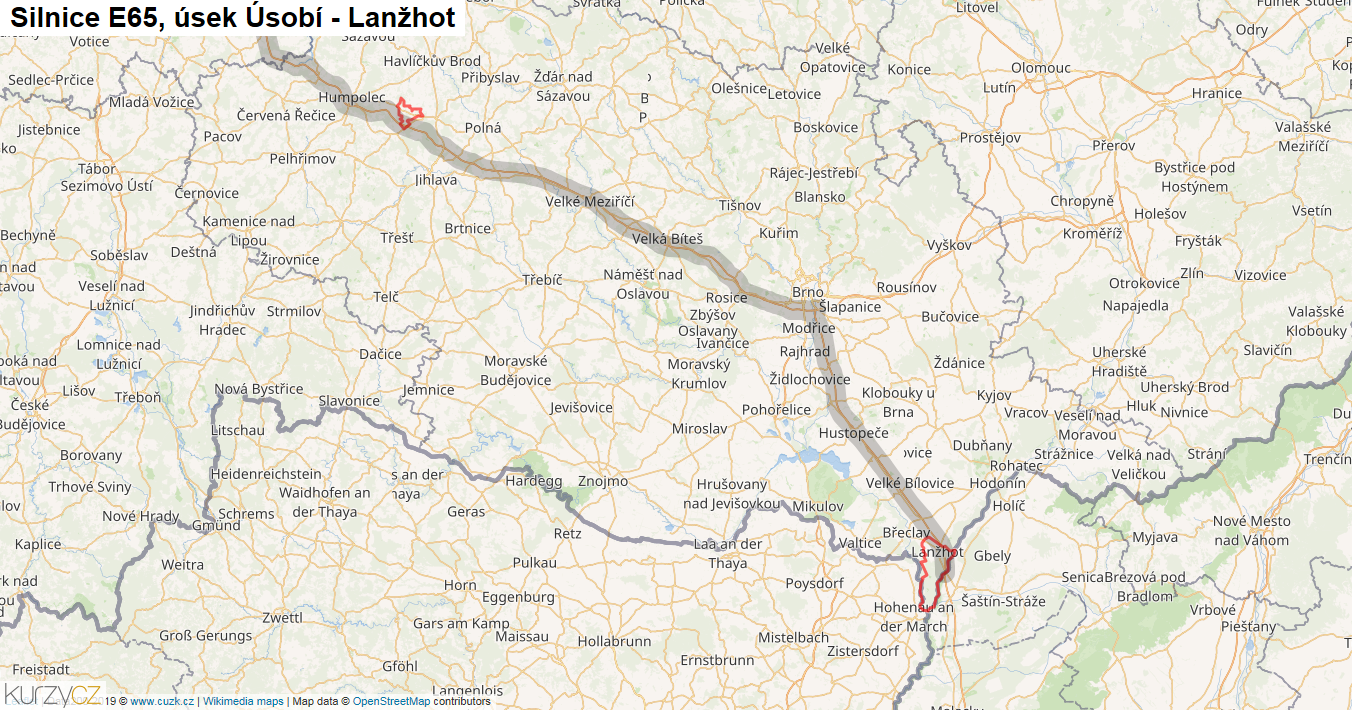 Úsek Úsobí - Lanžhot, Silnice E65 - Mapa