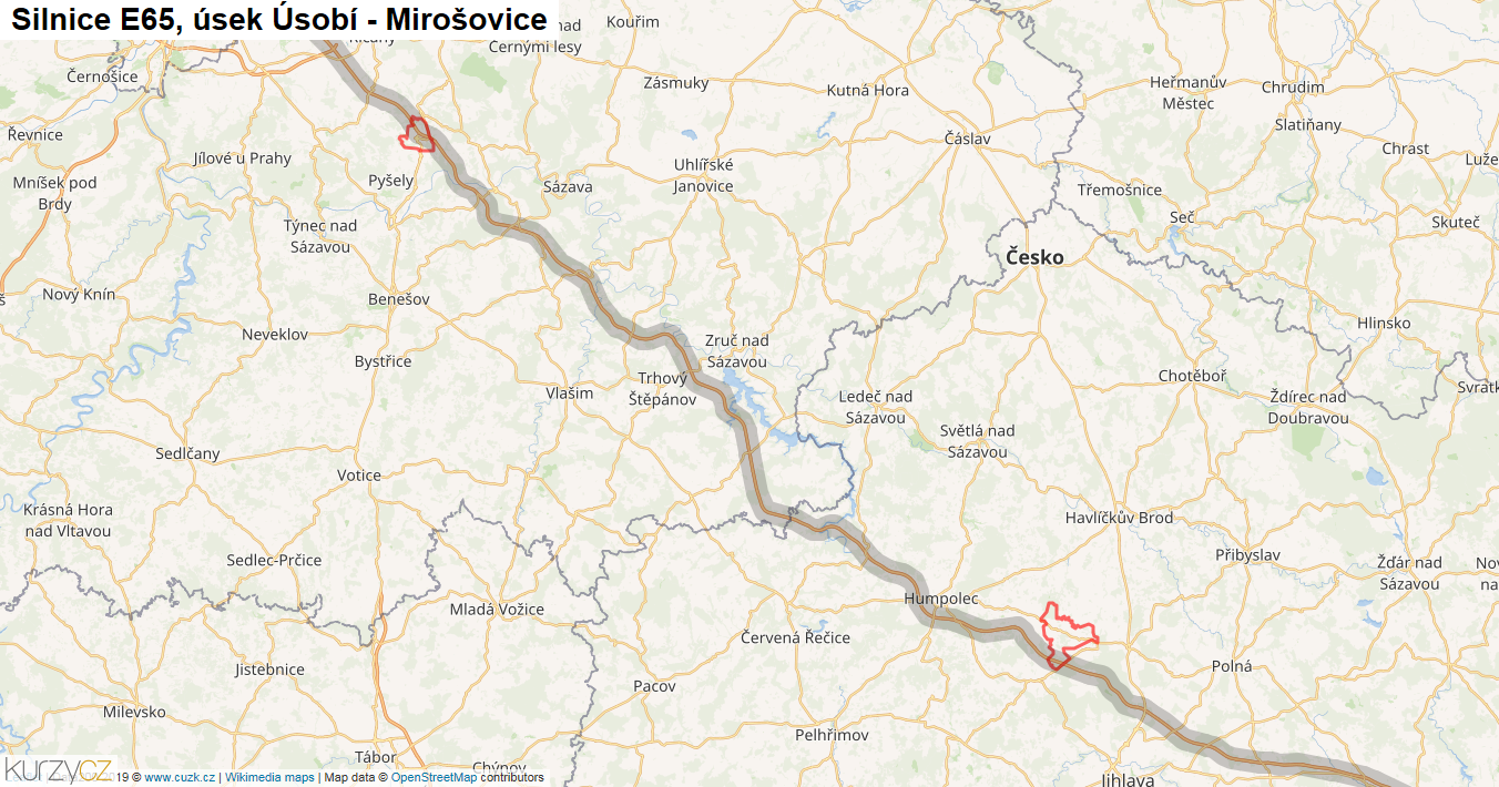 Úsek Úsobí - Mirošovice, Silnice E65 - Mapa