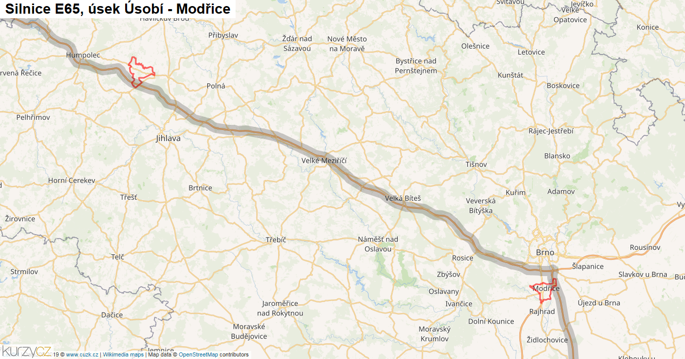 Úsek Úsobí - Modřice, Silnice E65 - Mapa