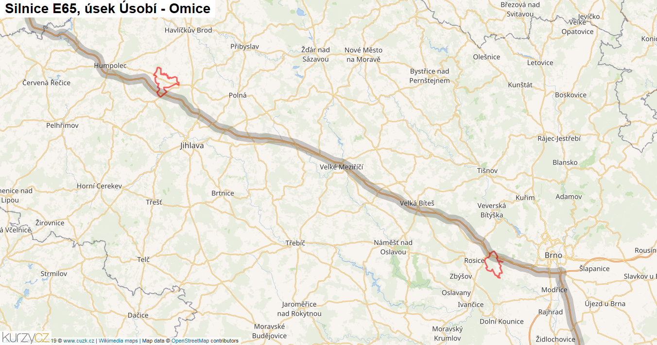 Úsek Úsobí - Omice, Silnice E65 - Mapa