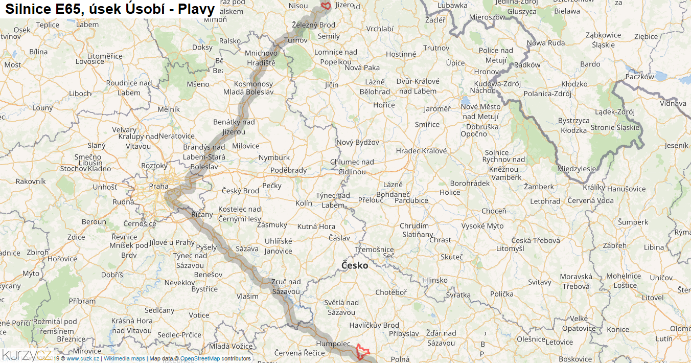 Úsek Úsobí - Plavy, Silnice E65 - Mapa
