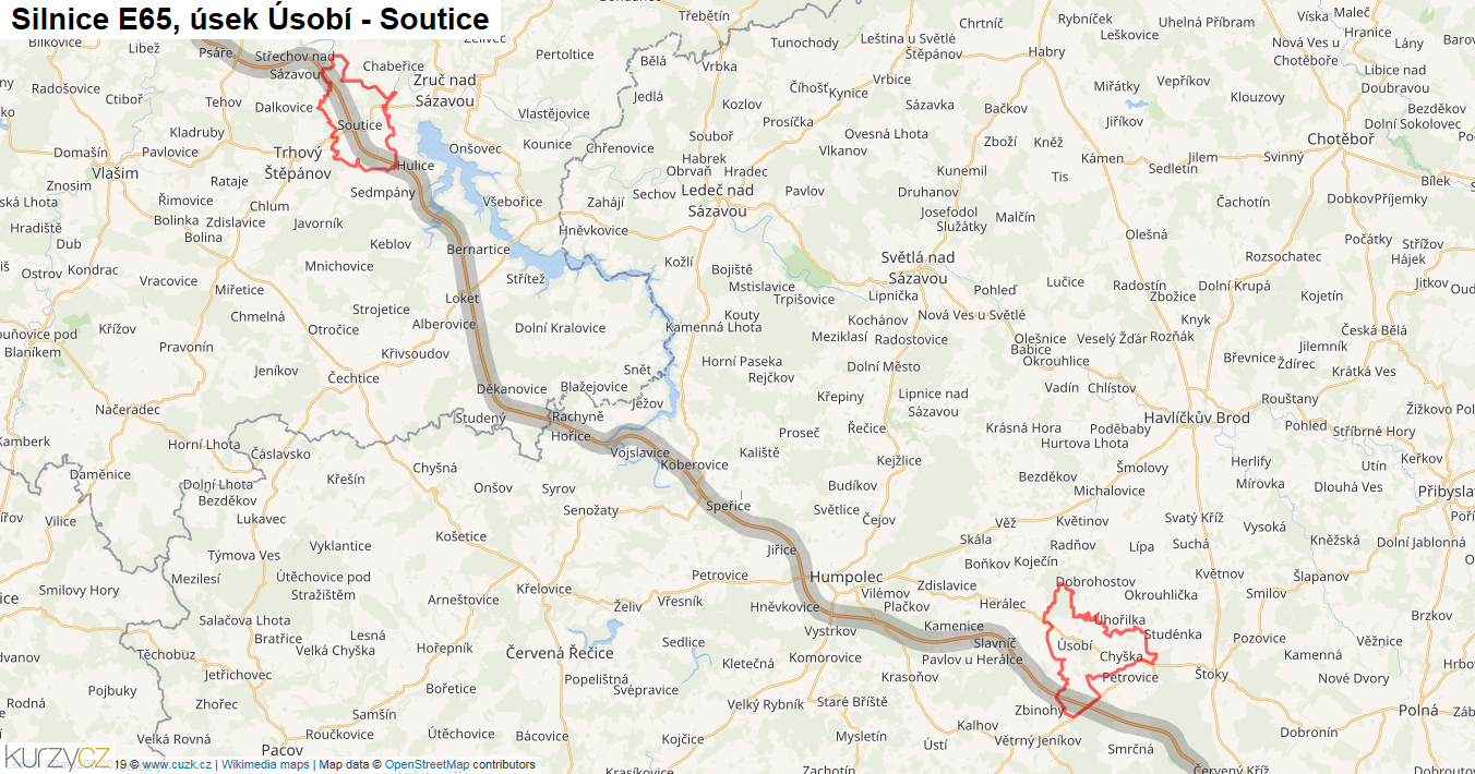 Úsek Úsobí - Soutice, Silnice E65 - Mapa