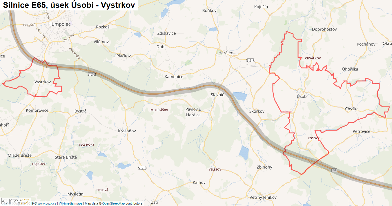 Úsek Úsobí - Vystrkov, Silnice E65 - Mapa