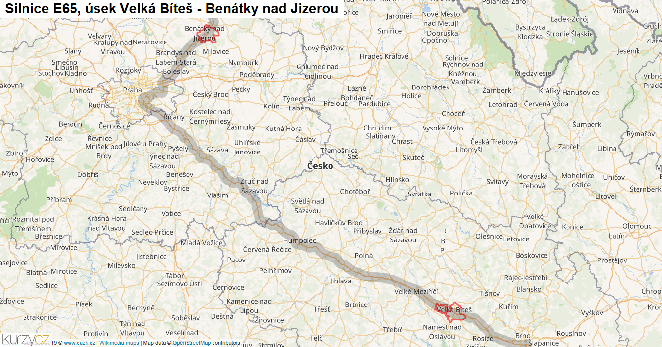Úsek Velká Bíteš - Benátky nad Jizerou, Silnice E65 - Mapa