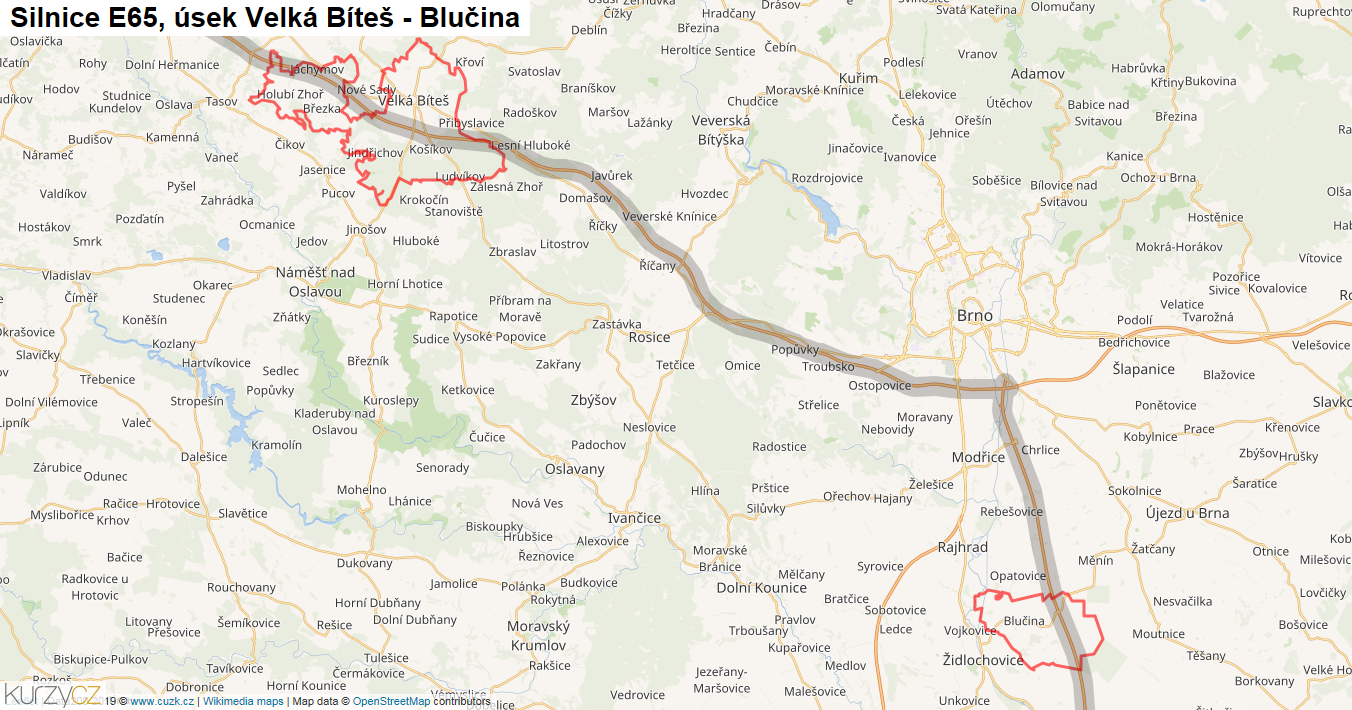 Úsek Velká Bíteš - Blučina, Silnice E65 - Mapa