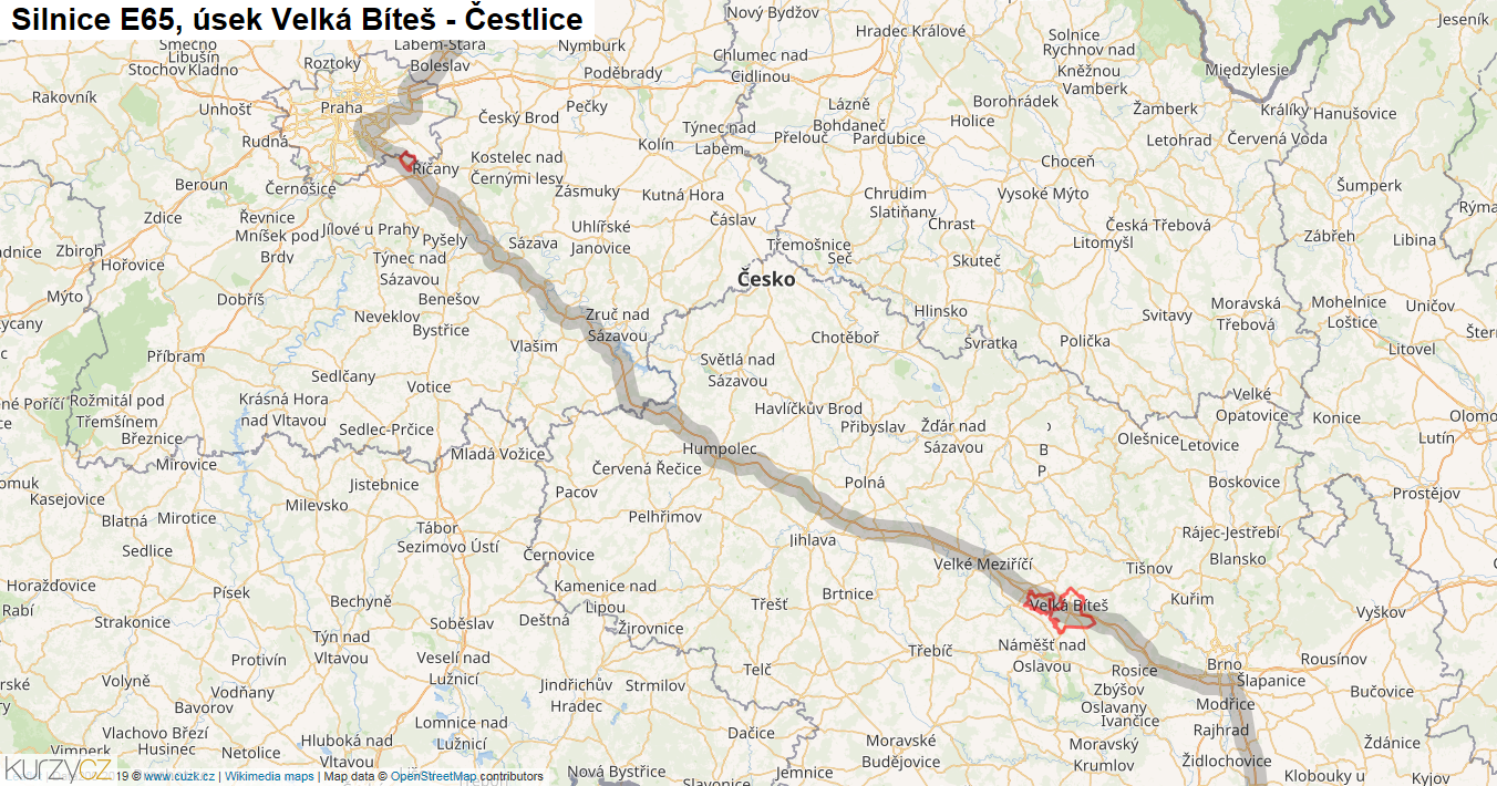 Úsek Velká Bíteš - Čestlice, Silnice E65 - Mapa