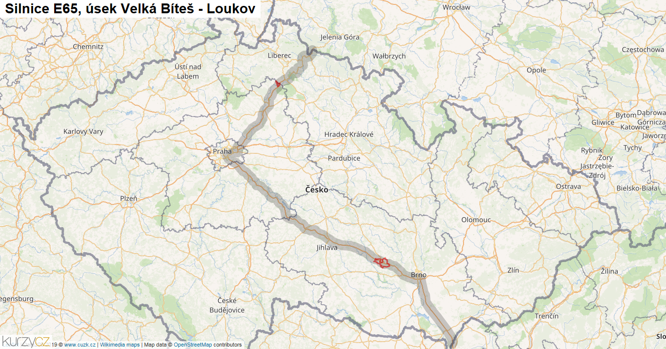 Úsek Velká Bíteš - Loukov, Silnice E65 - Mapa