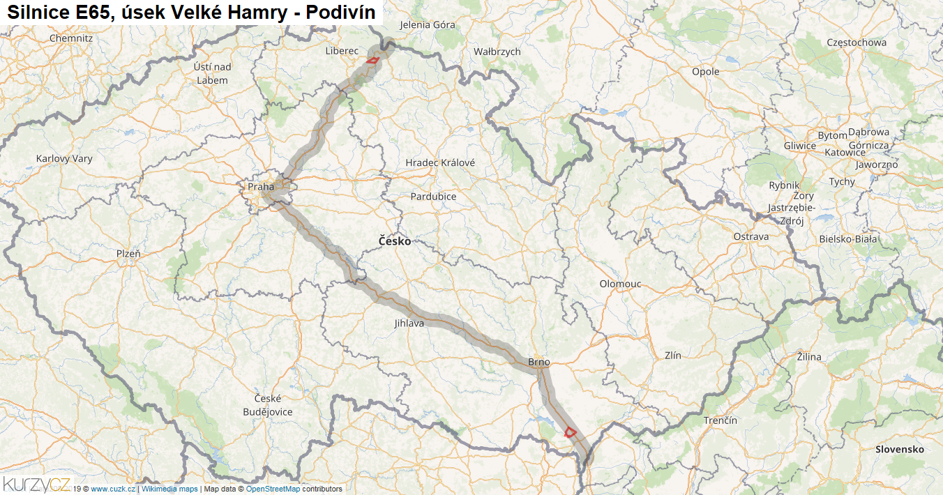 Úsek Velké Hamry - Podivín, Silnice E65 - Mapa