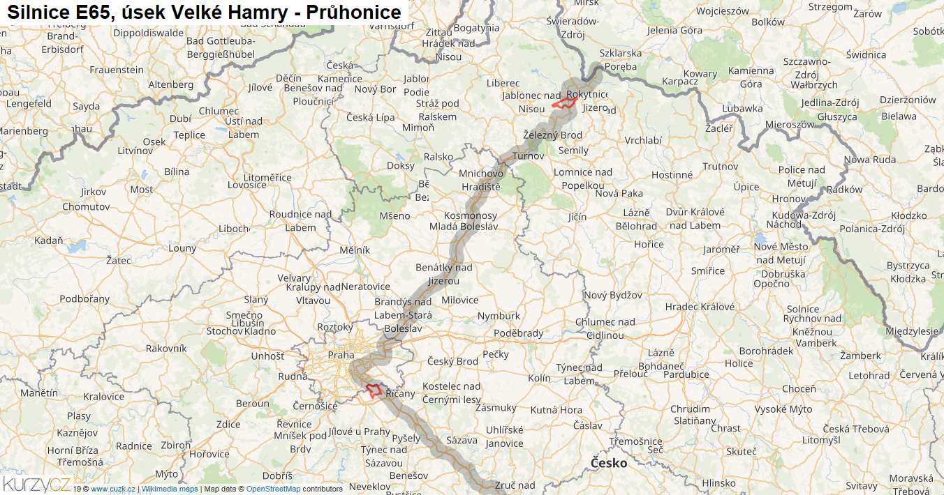 Úsek Velké Hamry - Průhonice, Silnice E65 - Mapa