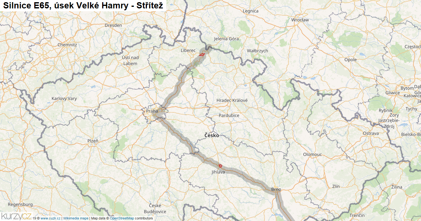 Úsek Velké Hamry - Střítež, Silnice E65 - Mapa