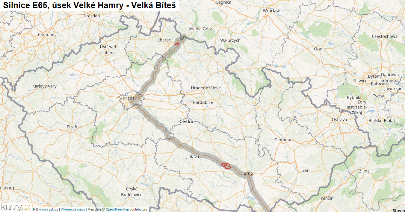 Úsek Velké Hamry - Velká Bíteš, Silnice E65 - Mapa