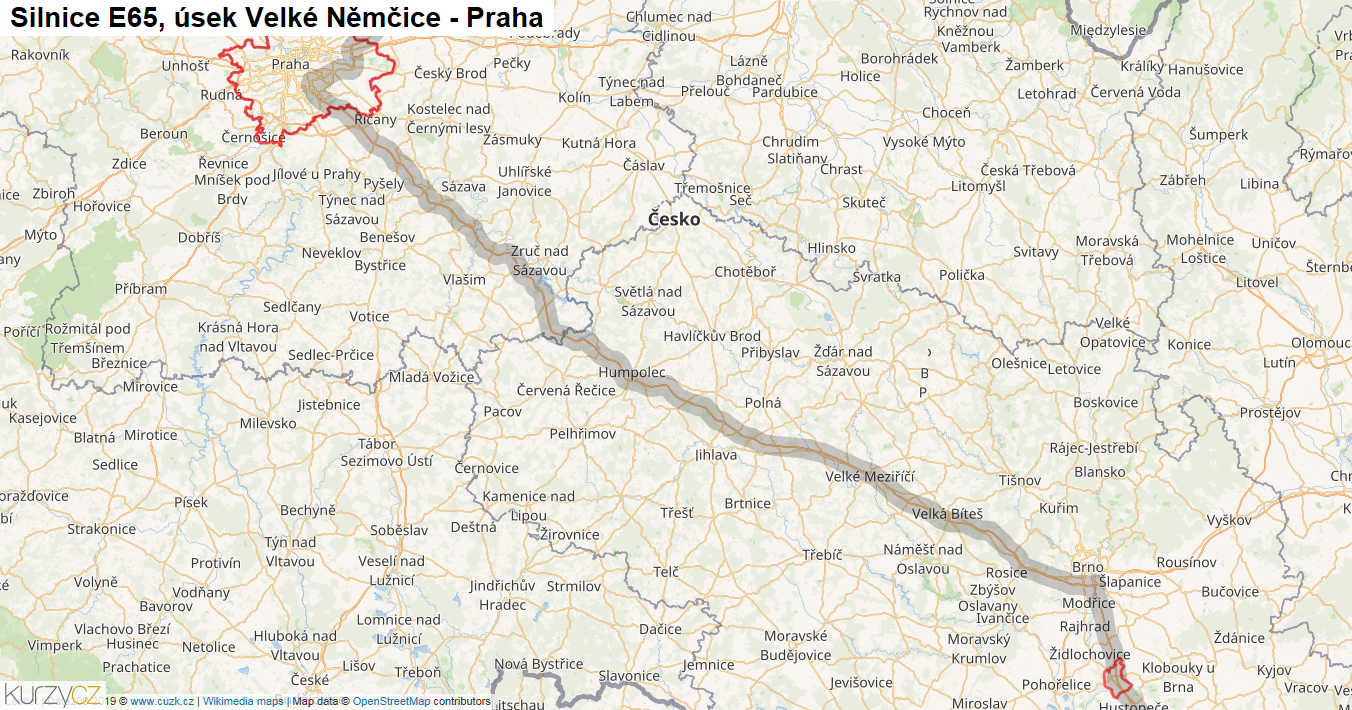 Úsek Velké Němčice - Praha, Silnice E65 - Mapa