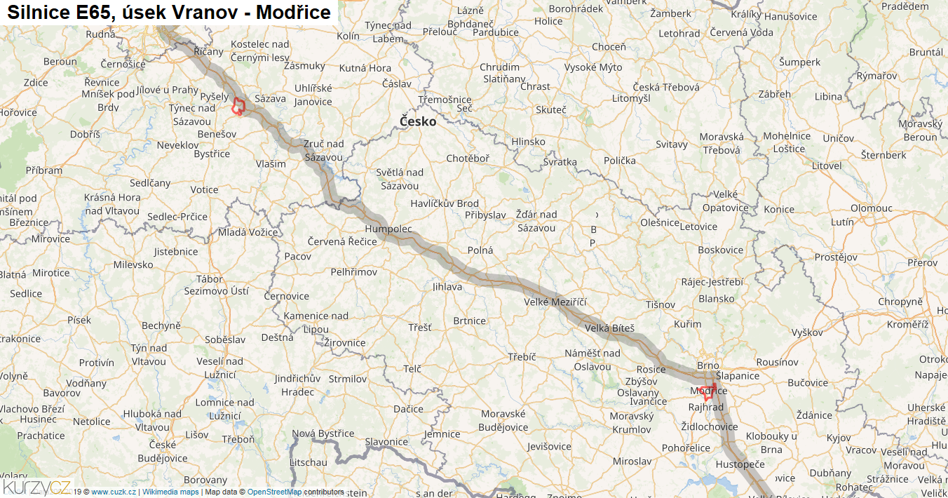 Úsek Vranov - Modřice, Silnice E65 - Mapa
