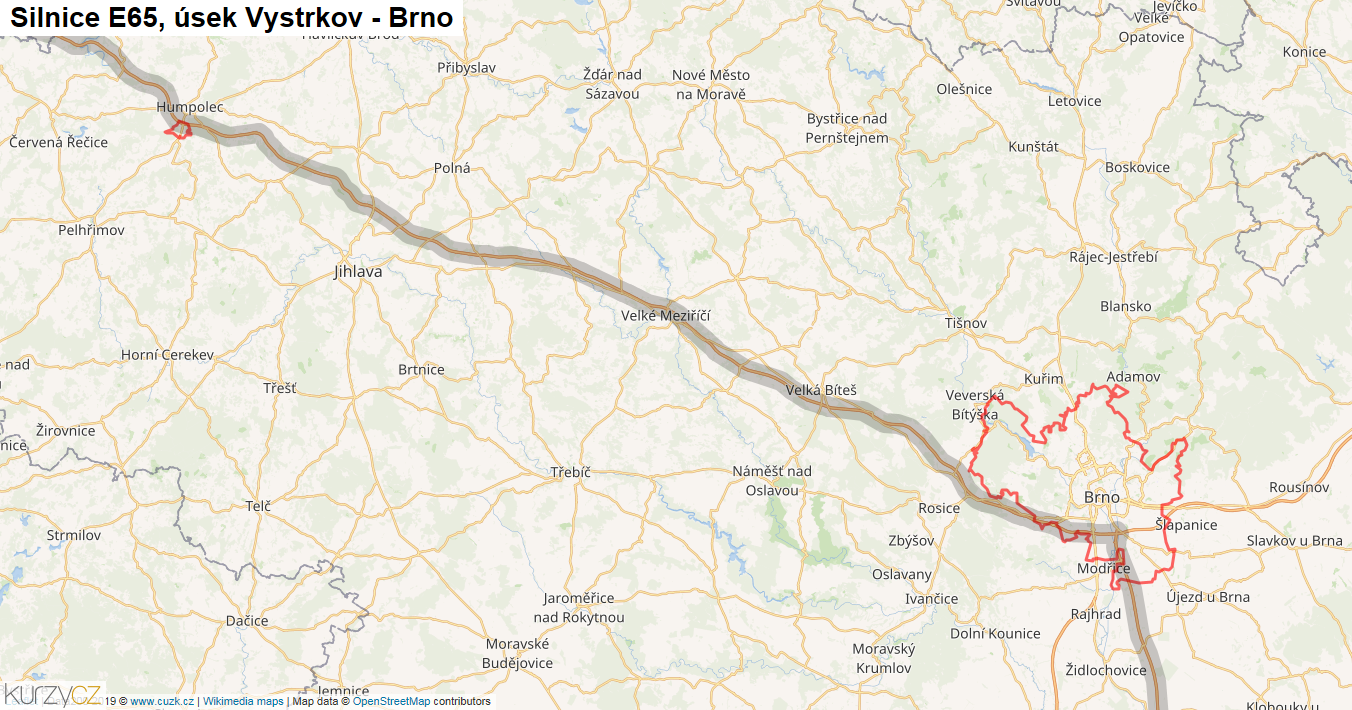 Úsek Vystrkov - Brno, Silnice E65 - Mapa