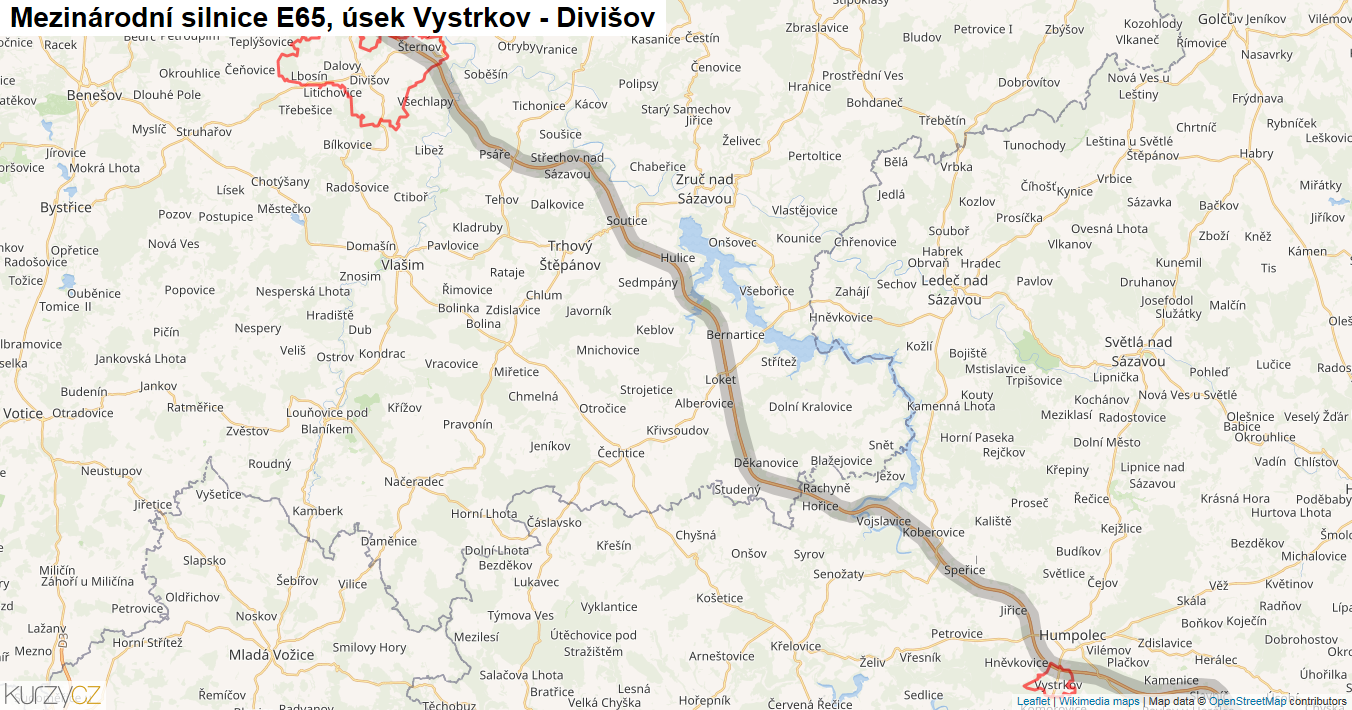 Úsek Vystrkov - Divišov, Silnice E65 - Mapa