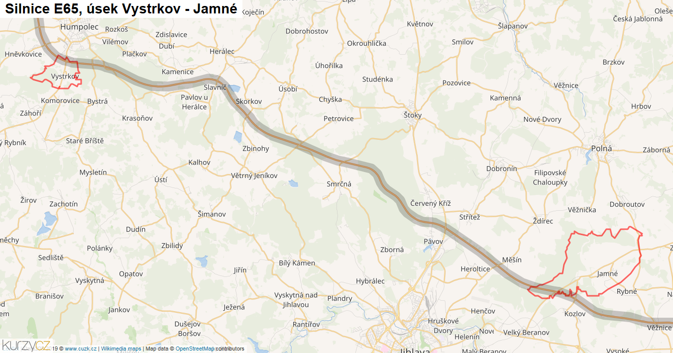 Úsek Vystrkov - Jamné, Silnice E65 - Mapa