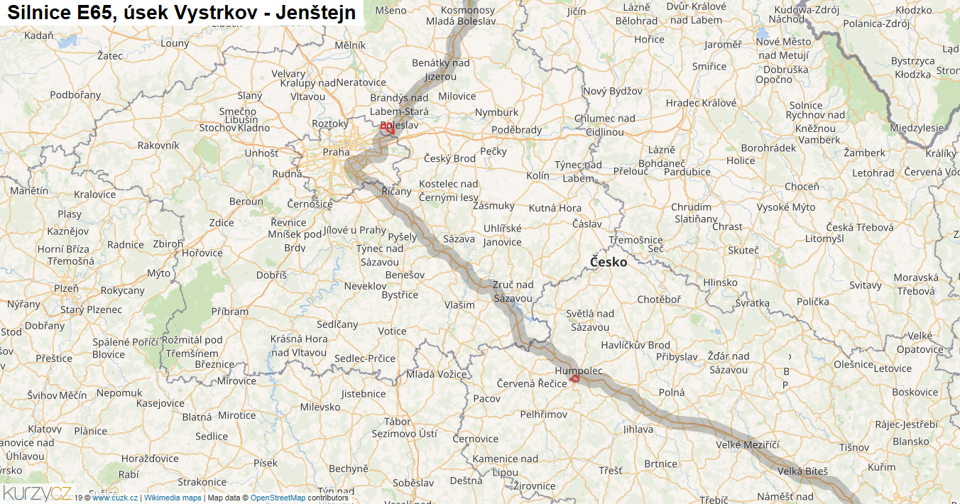 Úsek Vystrkov - Jenštejn, Silnice E65 - Mapa