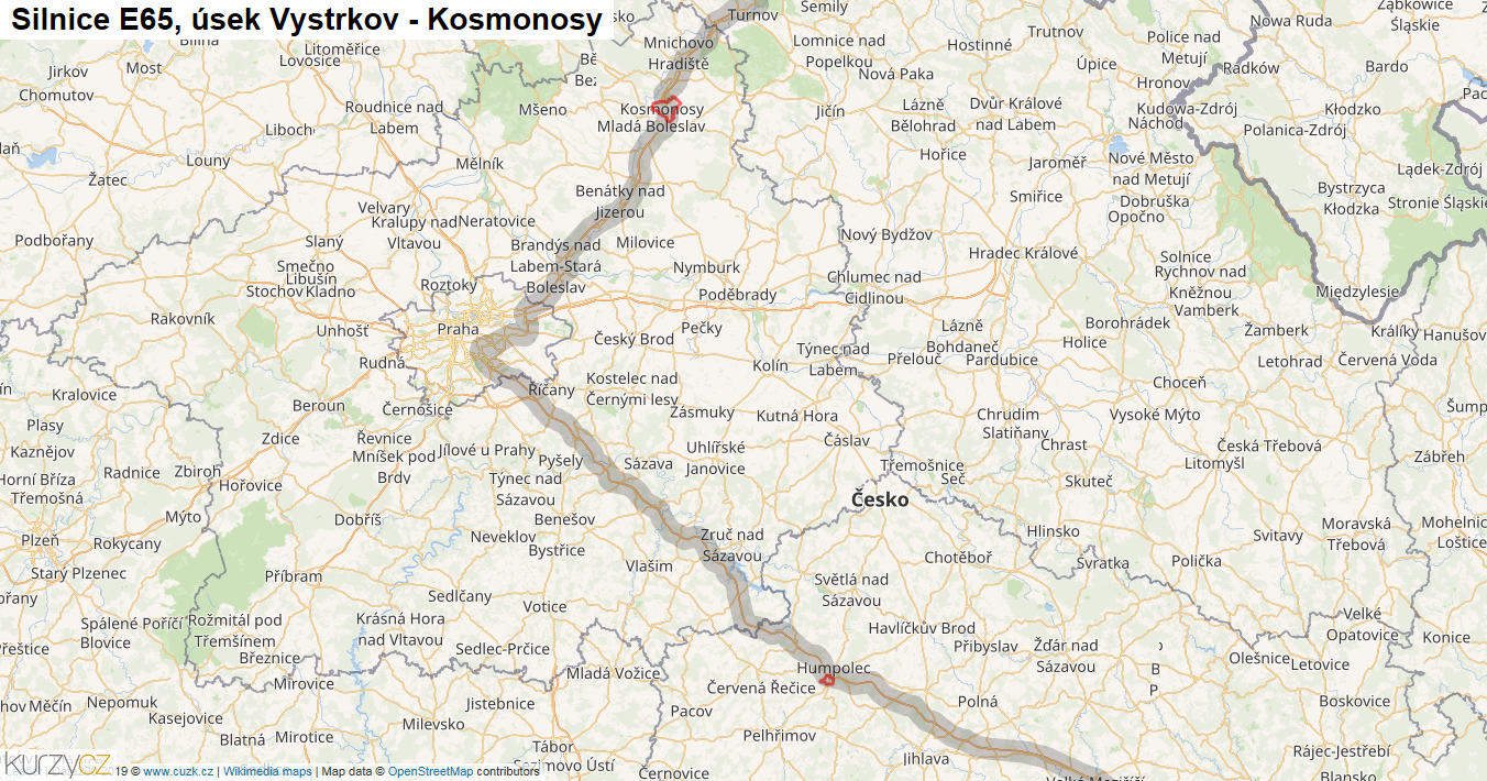 Úsek Vystrkov - Kosmonosy, Silnice E65 - Mapa
