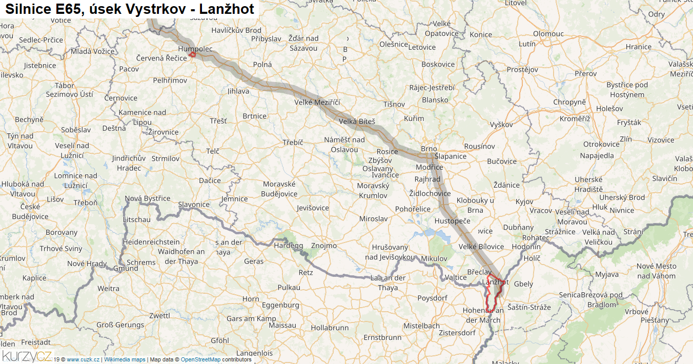 Úsek Vystrkov - Lanžhot, Silnice E65 - Mapa