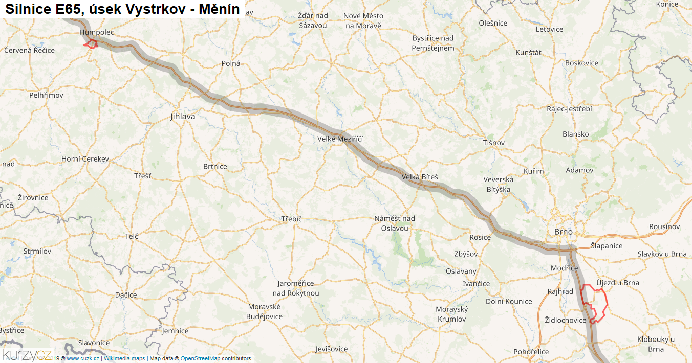 Úsek Vystrkov - Měnín, Silnice E65 - Mapa