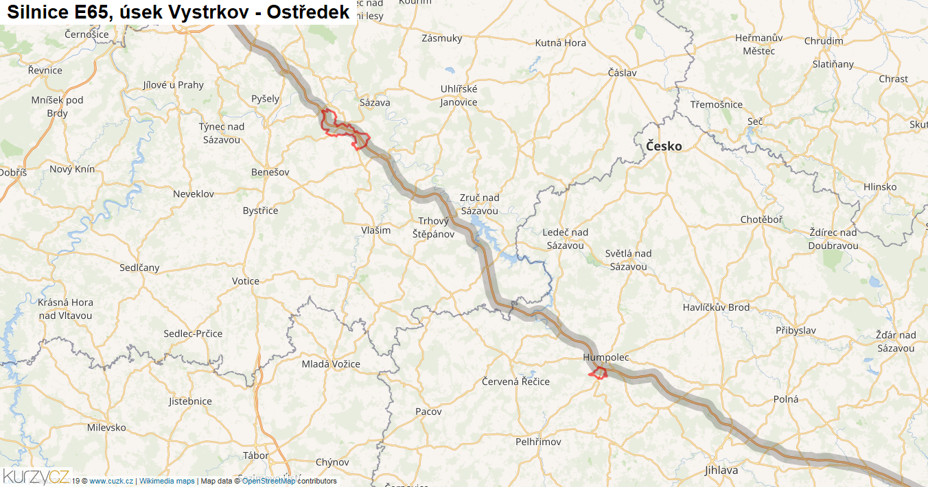 Úsek Vystrkov - Ostředek, Silnice E65 - Mapa