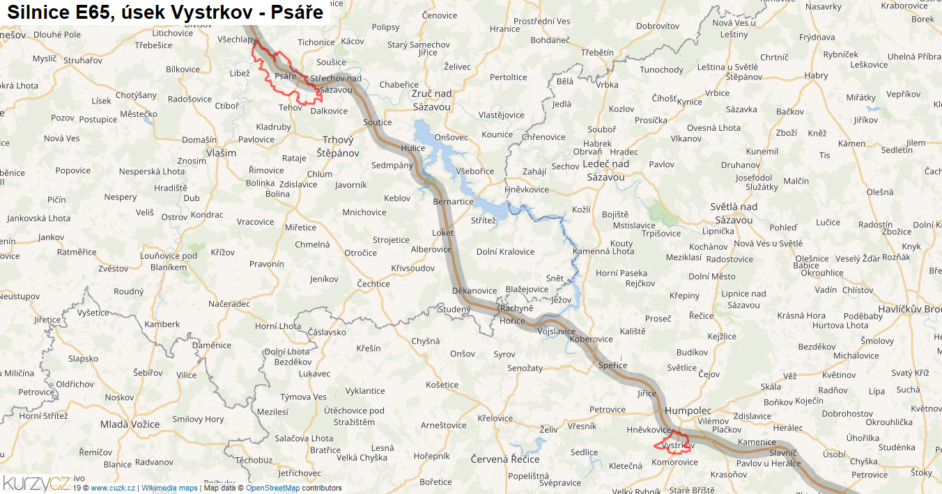 Úsek Vystrkov - Psáře, Silnice E65 - Mapa