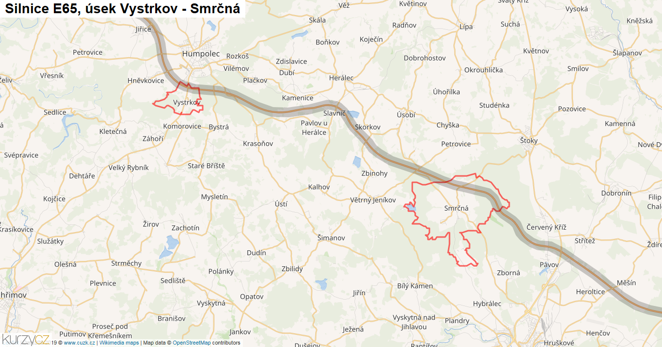 Úsek Vystrkov - Smrčná, Silnice E65 - Mapa